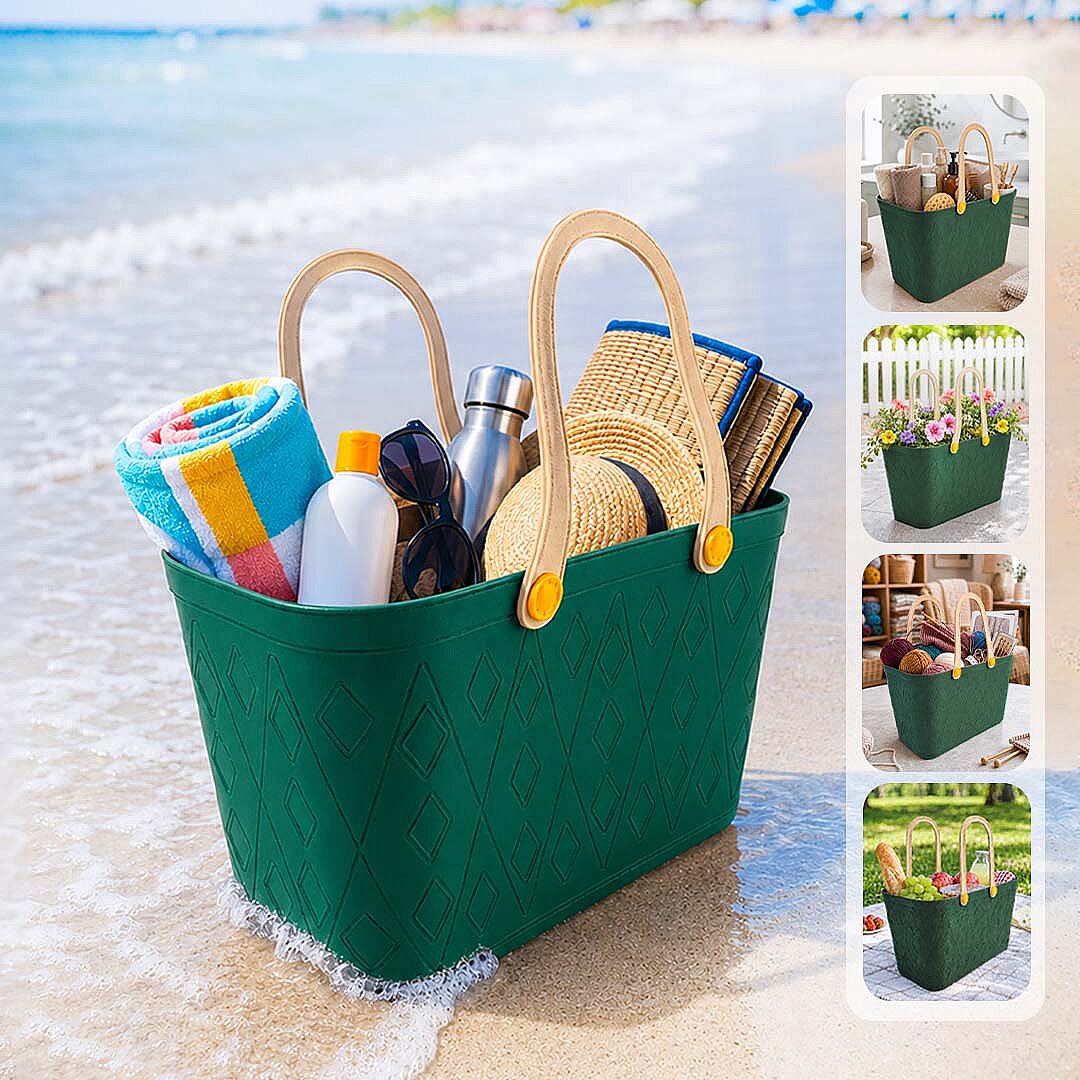 Deri Görünümlü Sepet El Çantası - Çok Amaçlı Kulplu Plastik Organizer Piknik Sepeti Plaj Çantası Alışveriş Dekoratif Saklama Sepeti - 1