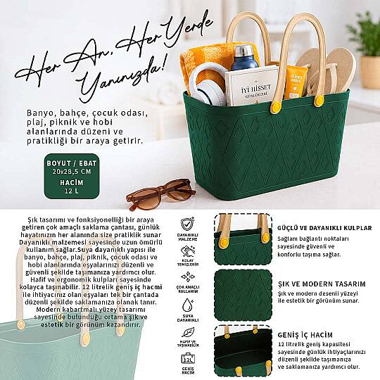 Deri Görünümlü Sepet El Çantası - Çok Amaçlı Kulplu Plastik Organizer Piknik Sepeti Plaj Çantası Alışveriş Dekoratif Saklama Sepeti - 2
