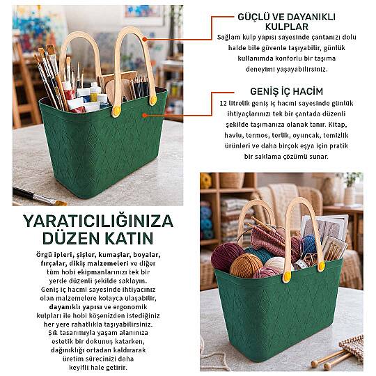 Deri Görünümlü Sepet El Çantası - Çok Amaçlı Kulplu Plastik Organizer Piknik Sepeti Plaj Çantası Alışveriş Dekoratif Saklama Sepeti - 3