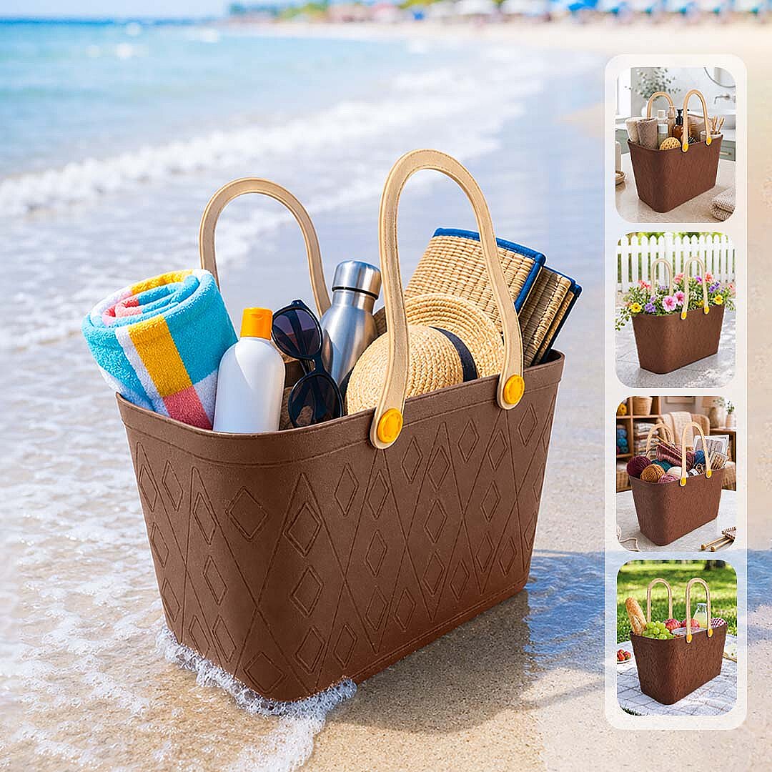 Deri Görünümlü Sepet El Çantası - Çok Amaçlı Kulplu Plastik Organizer Piknik Sepeti Plaj Çantası Alışveriş Dekoratif Saklama Sepeti - 1
