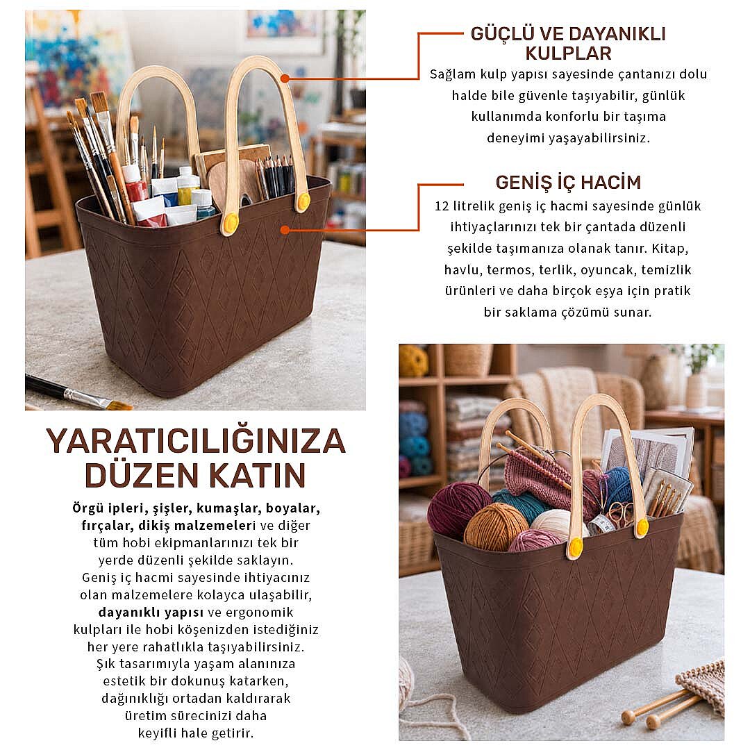 Deri Görünümlü Sepet El Çantası - Çok Amaçlı Kulplu Plastik Organizer Piknik Sepeti Plaj Çantası Alışveriş Dekoratif Saklama Sepeti - 3
