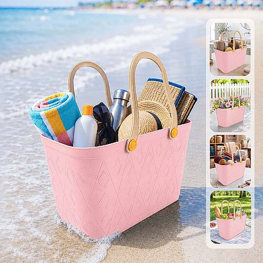 Deri Görünümlü Sepet El Çantası - Çok Amaçlı Kulplu Plastik Organizer Piknik Sepeti Plaj Çantası Alışveriş Dekoratif Saklama Sepeti