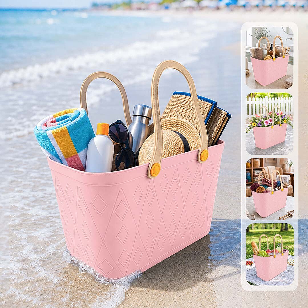 Deri Görünümlü Sepet El Çantası - Çok Amaçlı Kulplu Plastik Organizer Piknik Sepeti Plaj Çantası Alışveriş Dekoratif Saklama Sepeti - 1