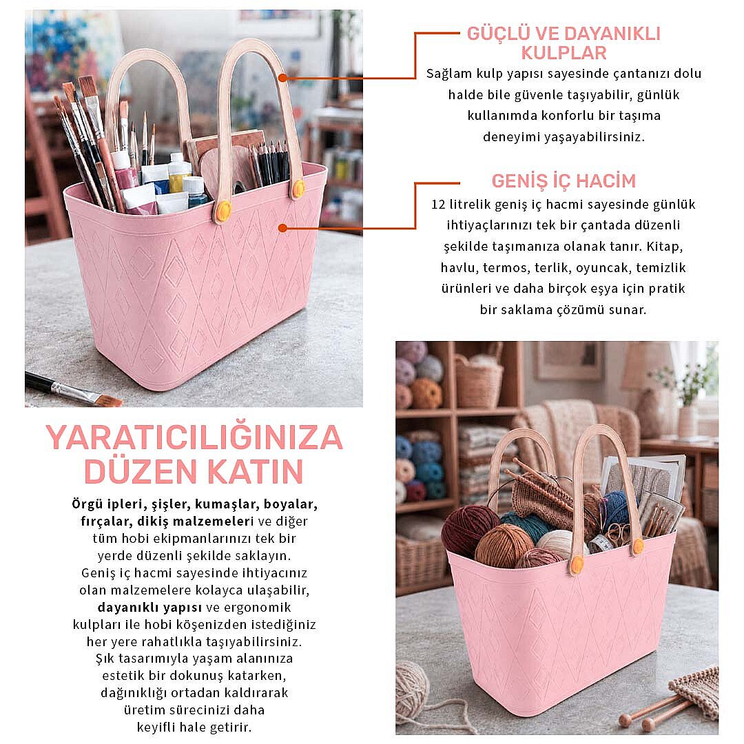 Deri Görünümlü Sepet El Çantası - Çok Amaçlı Kulplu Plastik Organizer Piknik Sepeti Plaj Çantası Alışveriş Dekoratif Saklama Sepeti - 3
