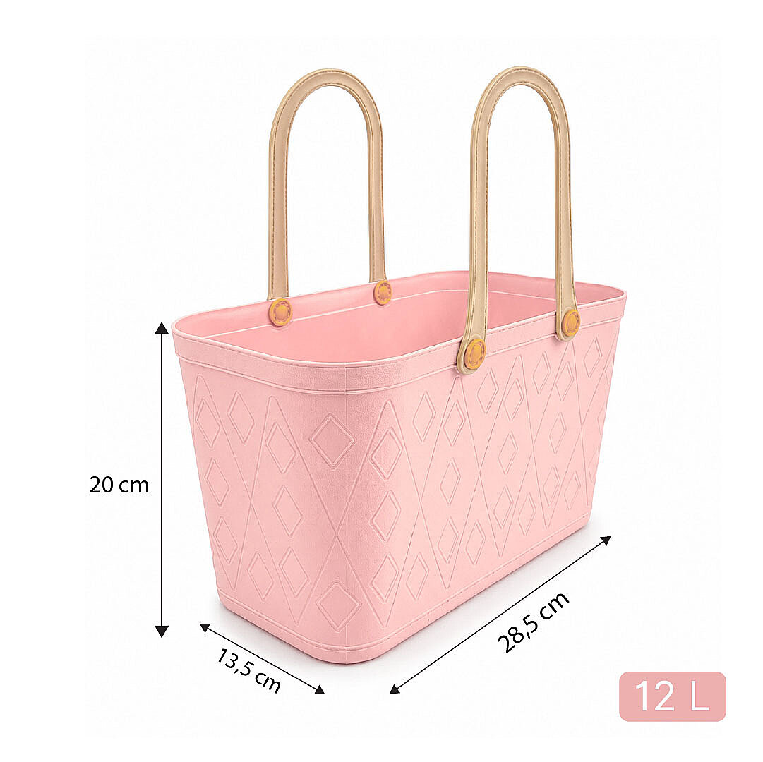 Deri Görünümlü Sepet El Çantası - Çok Amaçlı Kulplu Plastik Organizer Piknik Sepeti Plaj Çantası Alışveriş Dekoratif Saklama Sepeti - 4