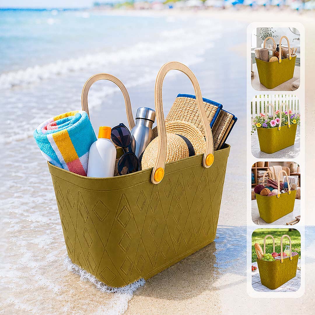 Deri Görünümlü Sepet El Çantası - Çok Amaçlı Kulplu Plastik Organizer Piknik Sepeti Plaj Çantası Alışveriş Dekoratif Saklama Sepeti - 1