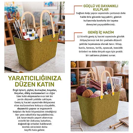 Deri Görünümlü Sepet El Çantası - Çok Amaçlı Kulplu Plastik Organizer Piknik Sepeti Plaj Çantası Alışveriş Dekoratif Saklama Sepeti - 3