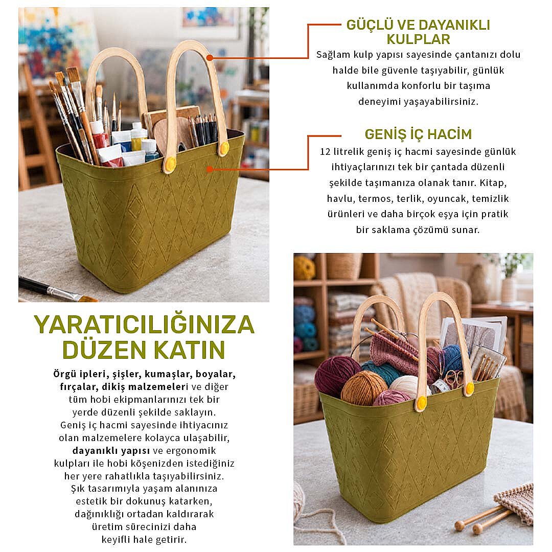 Deri Görünümlü Sepet El Çantası - Çok Amaçlı Kulplu Plastik Organizer Piknik Sepeti Plaj Çantası Alışveriş Dekoratif Saklama Sepeti - 3
