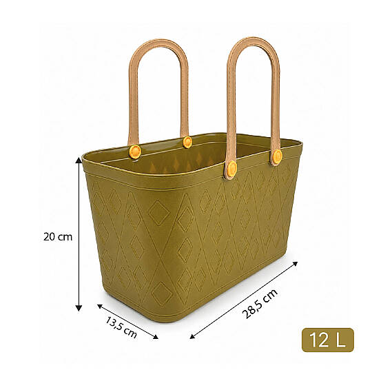 Deri Görünümlü Sepet El Çantası - Çok Amaçlı Kulplu Plastik Organizer Piknik Sepeti Plaj Çantası Alışveriş Dekoratif Saklama Sepeti - 4