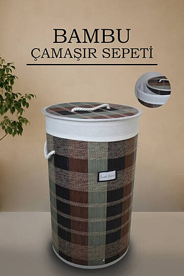 Desenli Bambu Katlanabilir Çamaşır Sepeti Yuvarlak Banyo Kirli Sepeti Çok Amaçlı Düzenleyici 35x60cm - 5