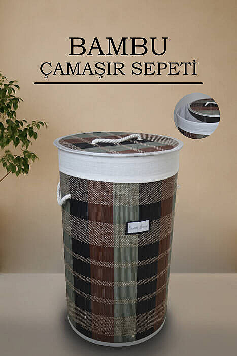 Desenli Bambu Katlanabilir Çamaşır Sepeti Yuvarlak Banyo Kirli Sepeti Çok Amaçlı Düzenleyici 35x60cm - 5