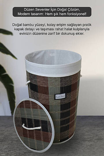 Desenli Bambu Katlanabilir Çamaşır Sepeti Yuvarlak Banyo Kirli Sepeti Çok Amaçlı Düzenleyici 35x60cm - 2