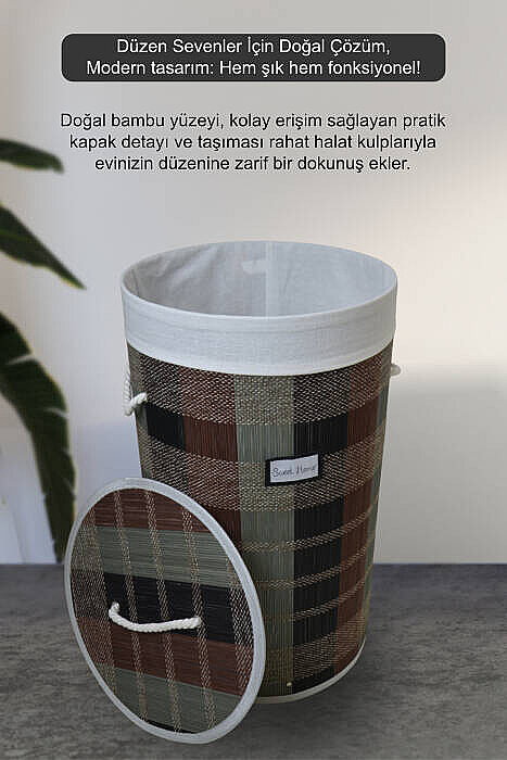 Desenli Bambu Katlanabilir Çamaşır Sepeti Yuvarlak Banyo Kirli Sepeti Çok Amaçlı Düzenleyici 35x60cm - 2