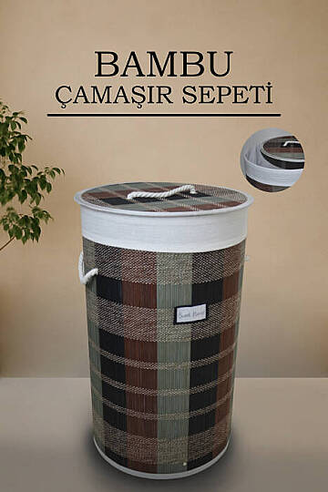 Desenli Bambu Katlanabilir Çamaşır Sepeti Yuvarlak Banyo Kirli Sepeti Çok Amaçlı Düzenleyici 35x60cm