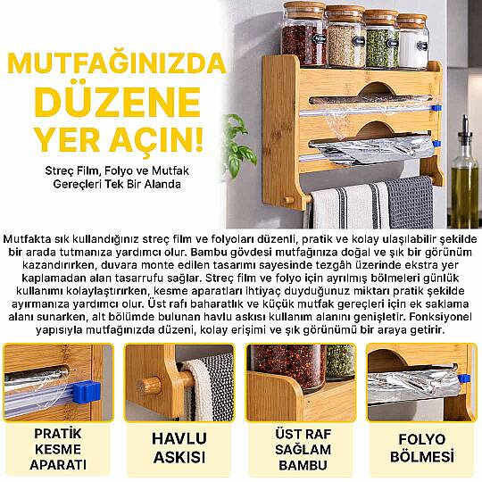 Duvara Asılır Bambu Folyo ve Streç Film Standı – Mutfak Düzenleyici Rulo Organizeri - 2