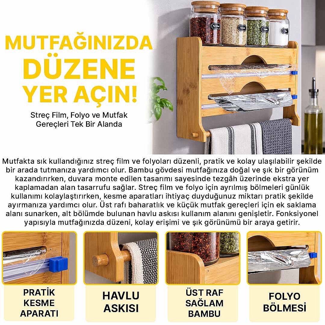 Duvara Asılır Bambu Folyo ve Streç Film Standı – Mutfak Düzenleyici Rulo Organizeri - 2
