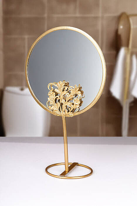 Gold Metal Ayna, Yuvarlak Dekoratif Masa Üstü-Banyo Kullanıma Uygun Makyaj Aynası - 3
