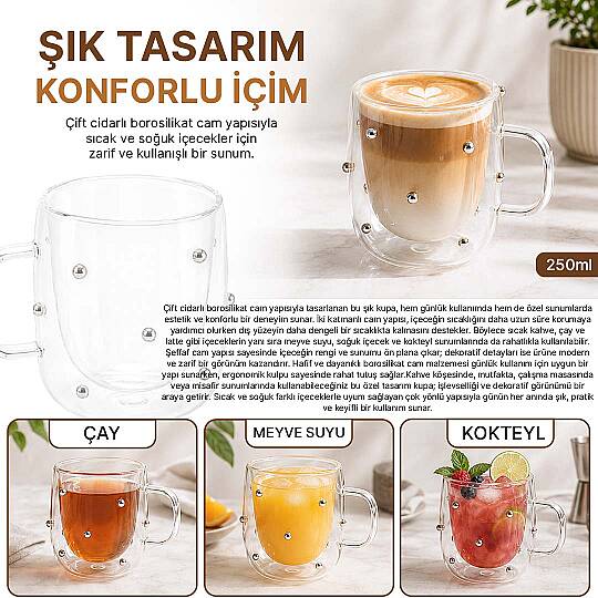 Gümüş Taşlı Çift Cidarlı Borosilikat Cam Çay & Kahve & Latte Bardağı - Isıya Dayanıklı Şeffaf Kupa 250 ml - 2