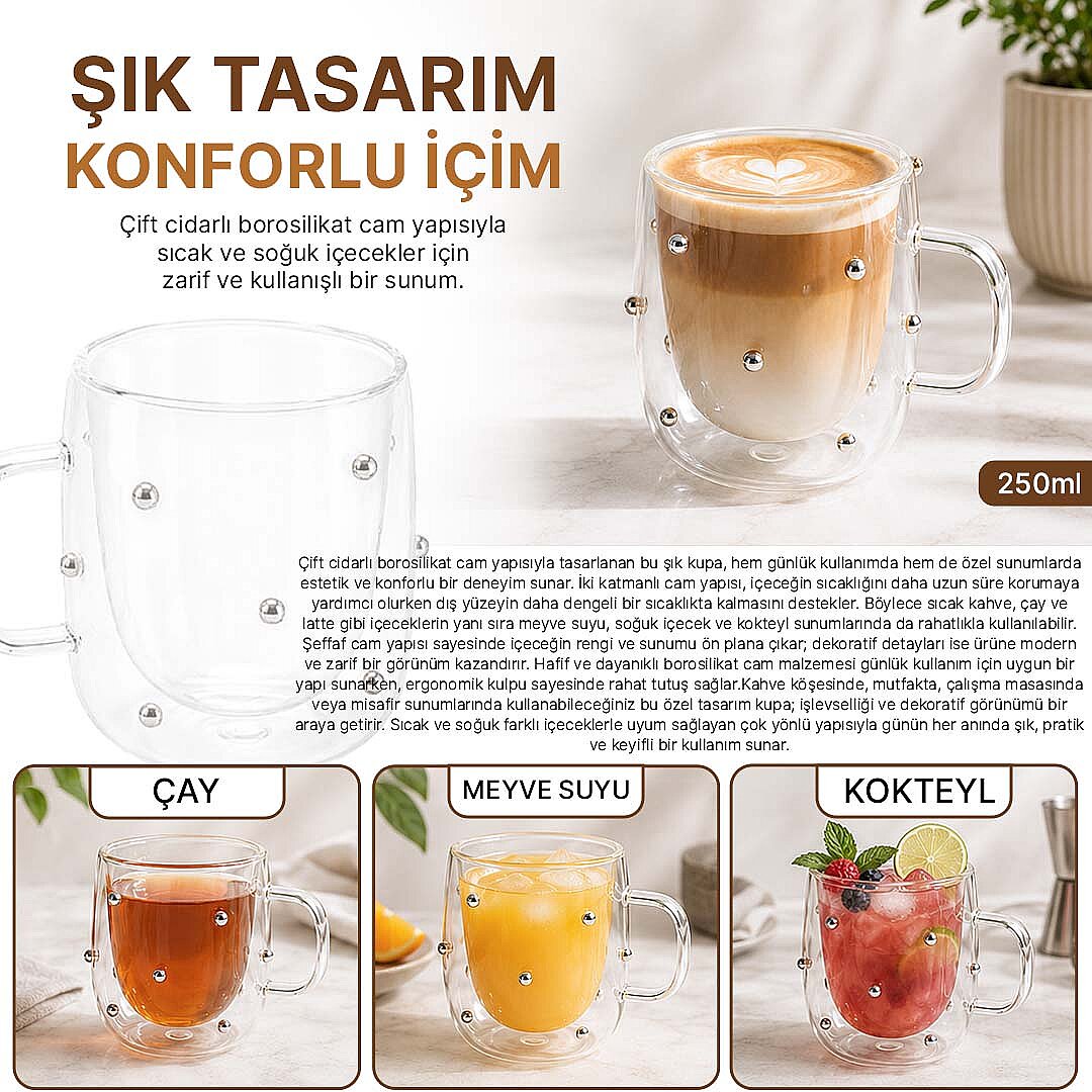 Gümüş Taşlı Çift Cidarlı Borosilikat Cam Çay & Kahve & Latte Bardağı - Isıya Dayanıklı Şeffaf Kupa 250 ml - 2