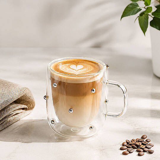 Gümüş Taşlı Çift Cidarlı Borosilikat Cam Çay & Kahve & Latte Bardağı - Isıya Dayanıklı Şeffaf Kupa 250 ml