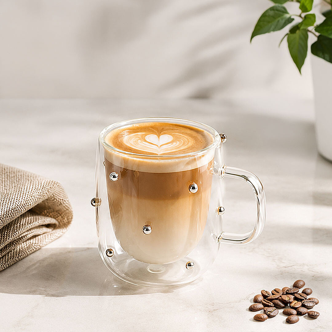 Gümüş Taşlı Çift Cidarlı Borosilikat Cam Çay & Kahve & Latte Bardağı - Isıya Dayanıklı Şeffaf Kupa 250 ml - 1