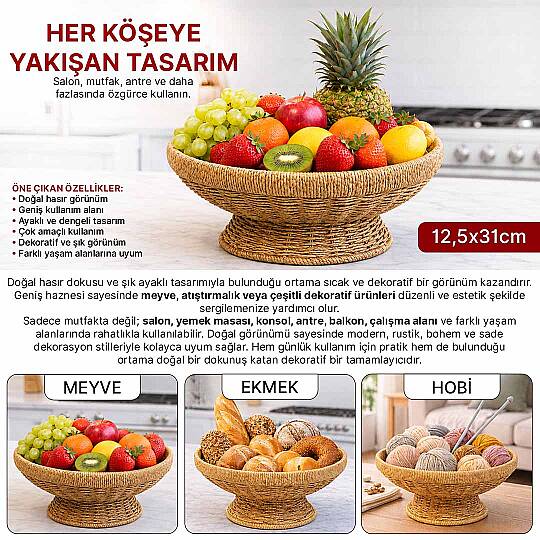 Hasır Ayaklı Meyvelik - Doğal Rattan Örgü Sunum Sepeti Rustik Mutfak Masa Üstü Organizeri Sunumluk - 2