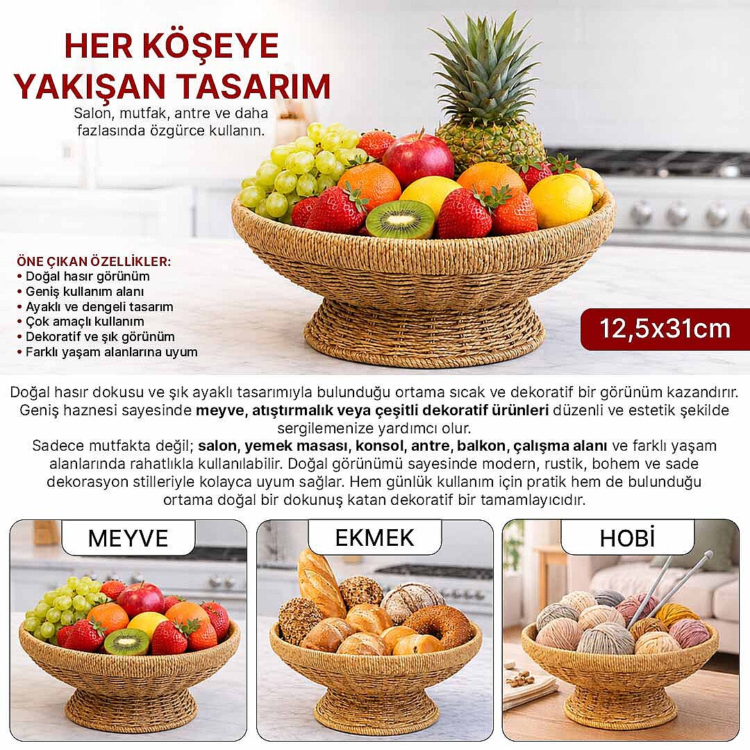 Hasır Ayaklı Meyvelik - Doğal Rattan Örgü Sunum Sepeti Rustik Mutfak Masa Üstü Organizeri Sunumluk - 2