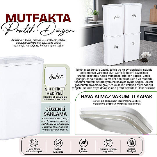 4'lü Akrilik Erzak Saklama Kabı Seti – Kapaklı Un Şeker Çay Tuz Saklama Kutusu Mutfak Düzenleyici - 2
