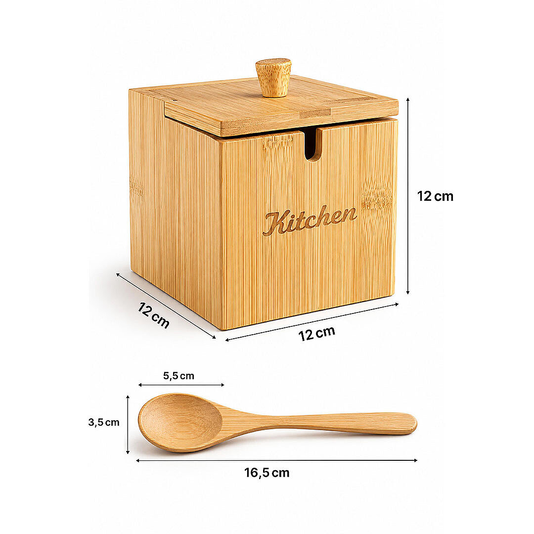 Kaşıklı Bambu Kapaklı Tuzluk Şekerlik - Dekoratif Mutfak Düzenleyici Tuz Kabı Baharatlık Kutusu 12cm - 3