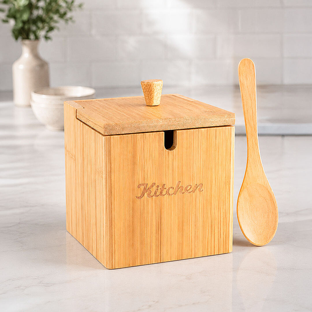 Kaşıklı Bambu Kapaklı Tuzluk Şekerlik - Dekoratif Mutfak Düzenleyici Tuz Kabı Baharatlık Kutusu 12cm - 1