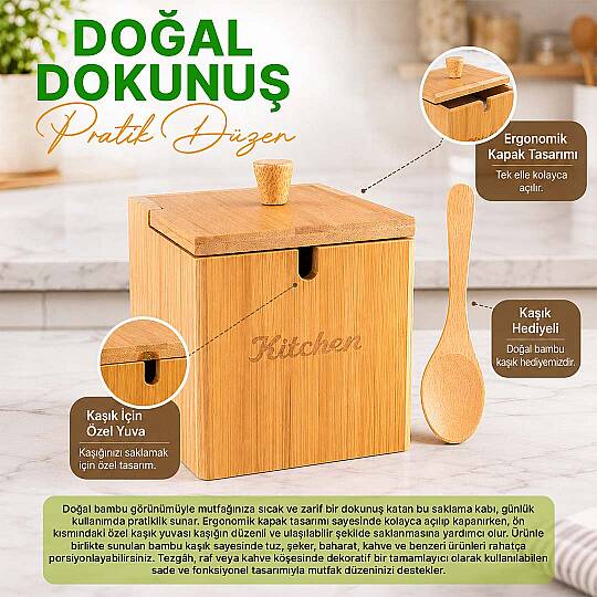 Kaşıklı Bambu Kapaklı Tuzluk Şekerlik - Dekoratif Mutfak Düzenleyici Tuz Kabı Baharatlık Kutusu 12cm - 2