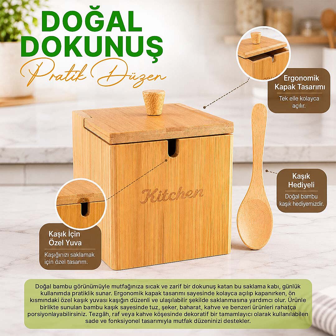 Kaşıklı Bambu Kapaklı Tuzluk Şekerlik - Dekoratif Mutfak Düzenleyici Tuz Kabı Baharatlık Kutusu 12cm - 2