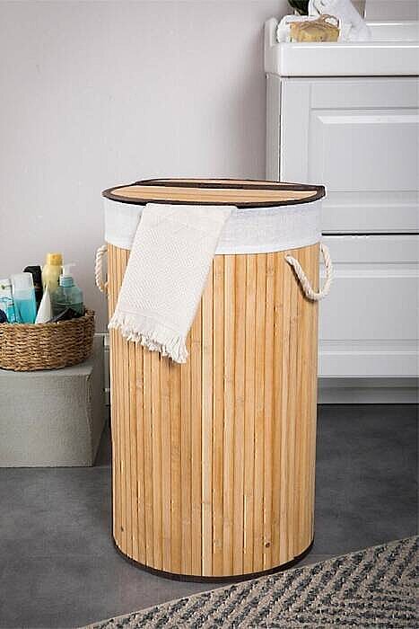 Katlanabilir Naturel Bambu Kirli Çamaşır Sepeti – Oval Büyük Boy Banyo Çamaşır Sepeti - 1