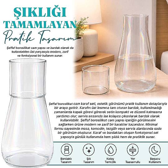 1000 ml Lüsterli Borosilikat Cam Başucu Sürahisi – Bardaklı Şeffaf Su Sürahisi ve Karaf Seti - 2