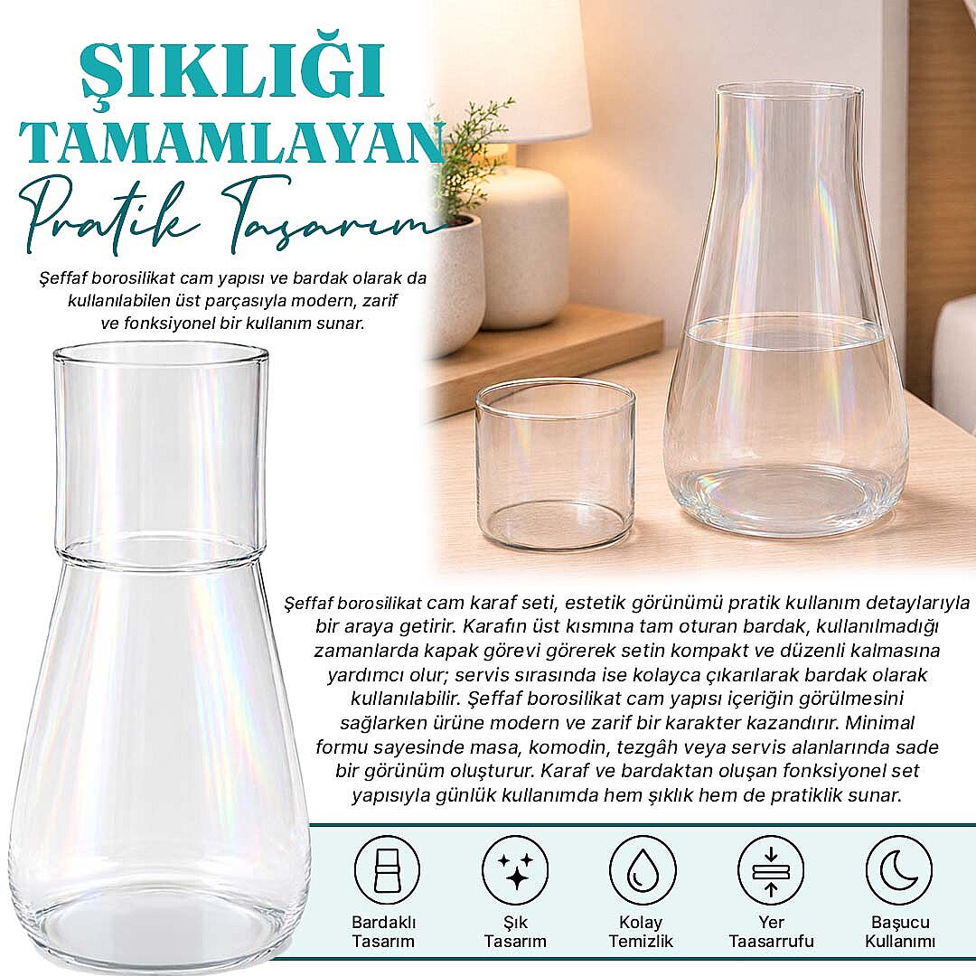 1000 ml Lüsterli Borosilikat Cam Başucu Sürahisi – Bardaklı Şeffaf Su Sürahisi ve Karaf Seti - 2