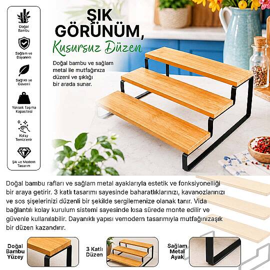 Metal Ayaklı Bambu Baharatlık Standı – Tezgah Üstü Baharat Kavanozu Düzenleyici Organizer Raf - 2