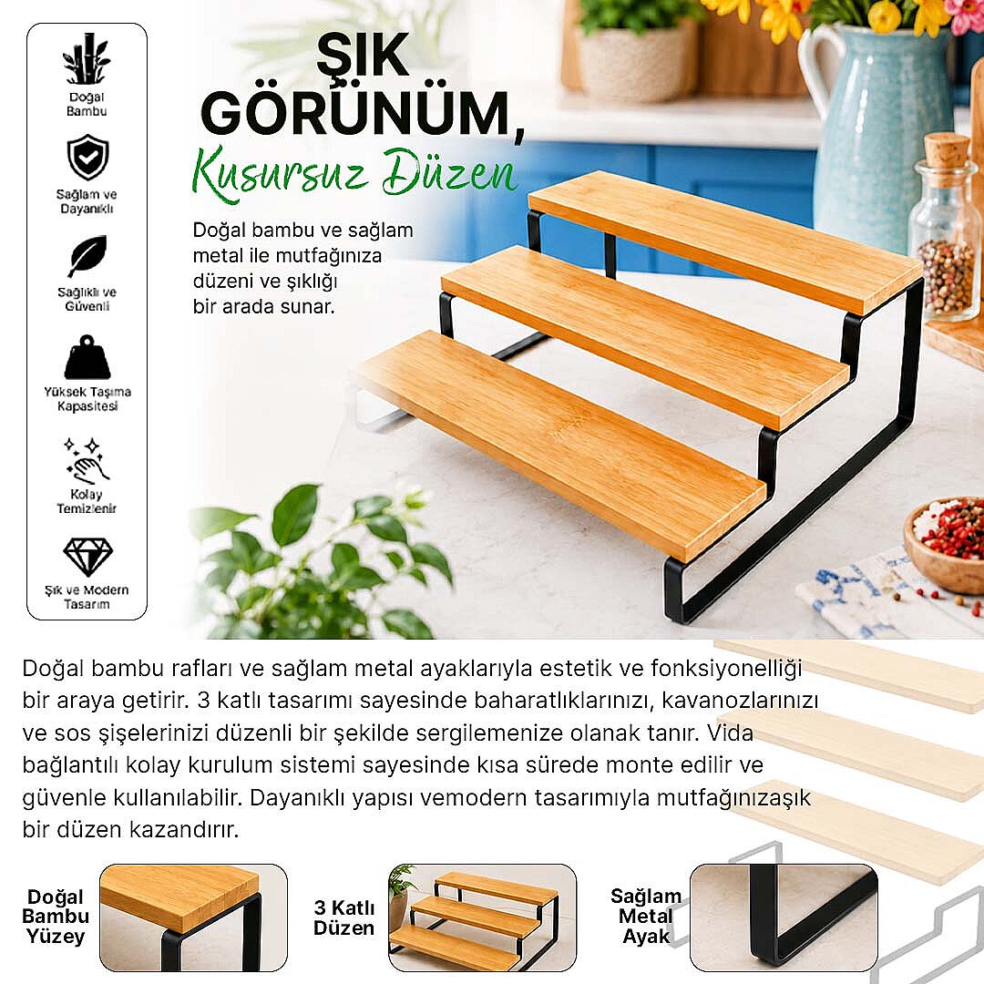Metal Ayaklı Bambu Baharatlık Standı – Tezgah Üstü Baharat Kavanozu Düzenleyici Organizer Raf - 2