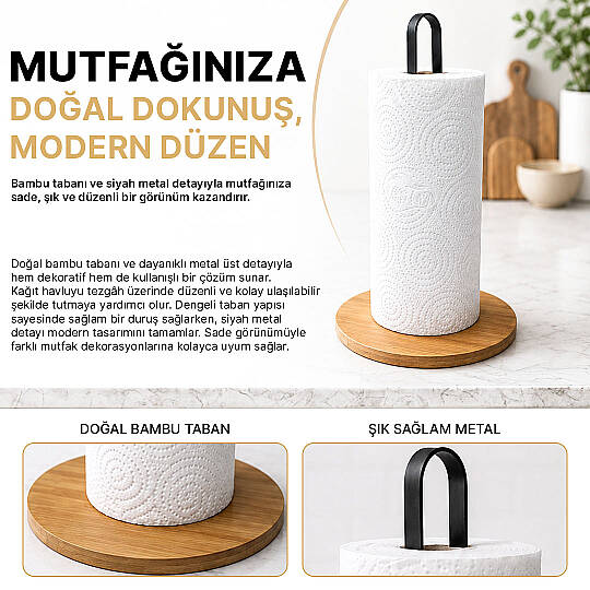 Metal & Bambu Kağıt Havluluk - Mutfak Düzenleyici Kağıt Havlu Standı - Tezgah Üstü Havlu Tutucu - 2