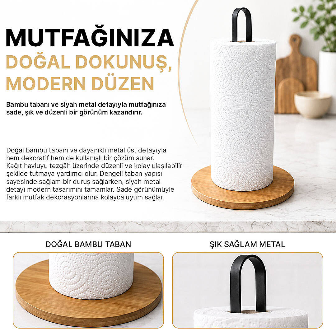 Metal & Bambu Kağıt Havluluk - Mutfak Düzenleyici Kağıt Havlu Standı - Tezgah Üstü Havlu Tutucu - 2