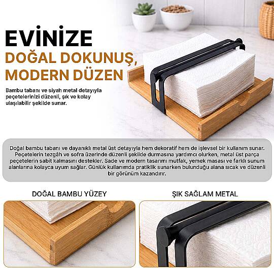 Metal & Bambu Kare Peçetelik – Masaüstü Düzenleyici Dekoratif Organizer Peçete Tutucu - 2
