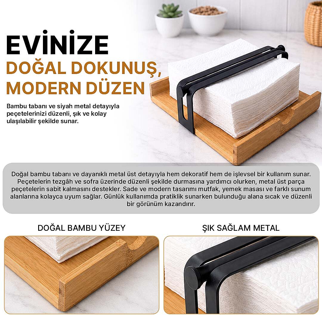 Metal & Bambu Kare Peçetelik – Masaüstü Düzenleyici Dekoratif Organizer Peçete Tutucu - 2