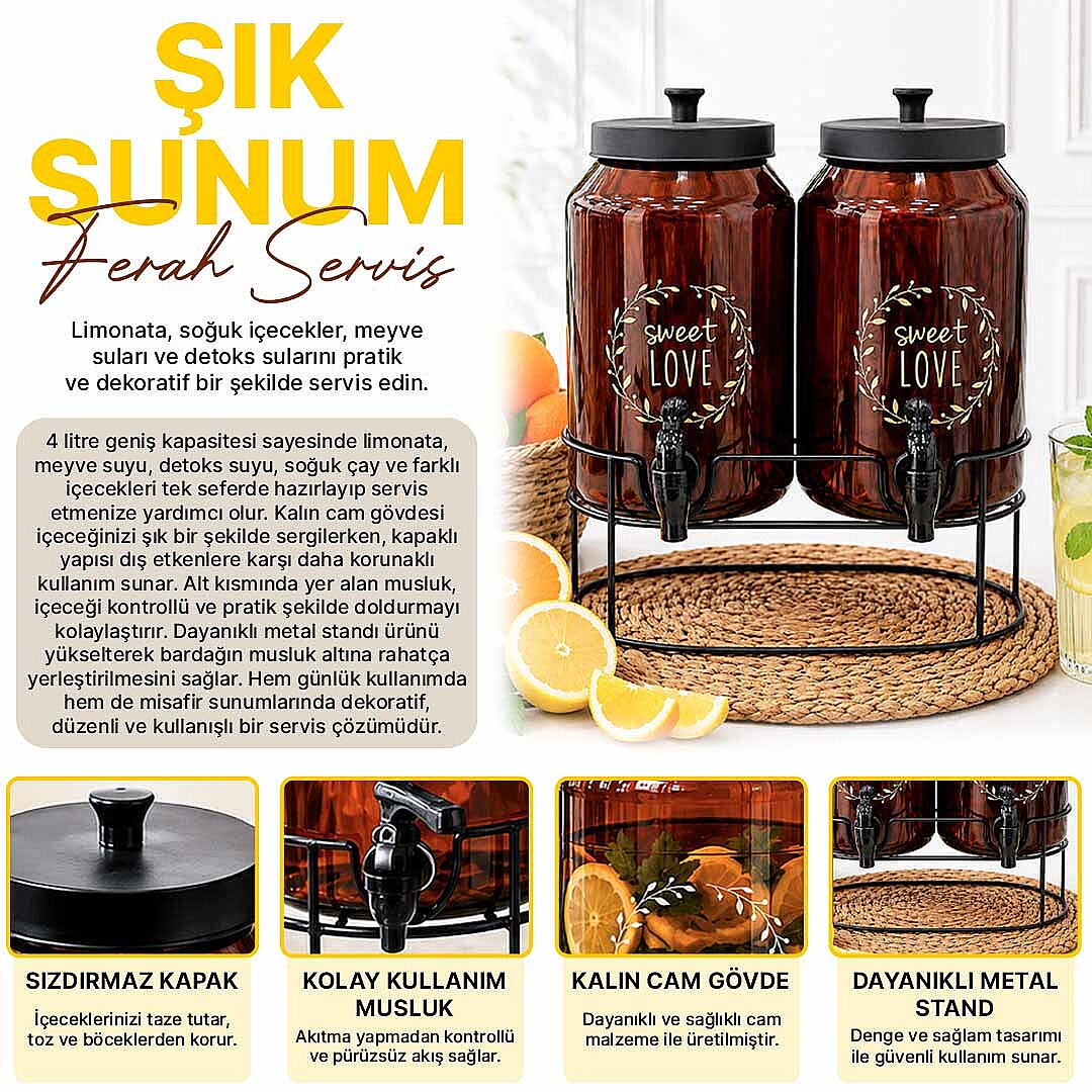 Metal Stantlı 2li Cam Sebil Seti - Musluklu Amber Cam Damacana Şerbetlik Ayaklı Meşrubat Sunumluk Yağdanlık - 2