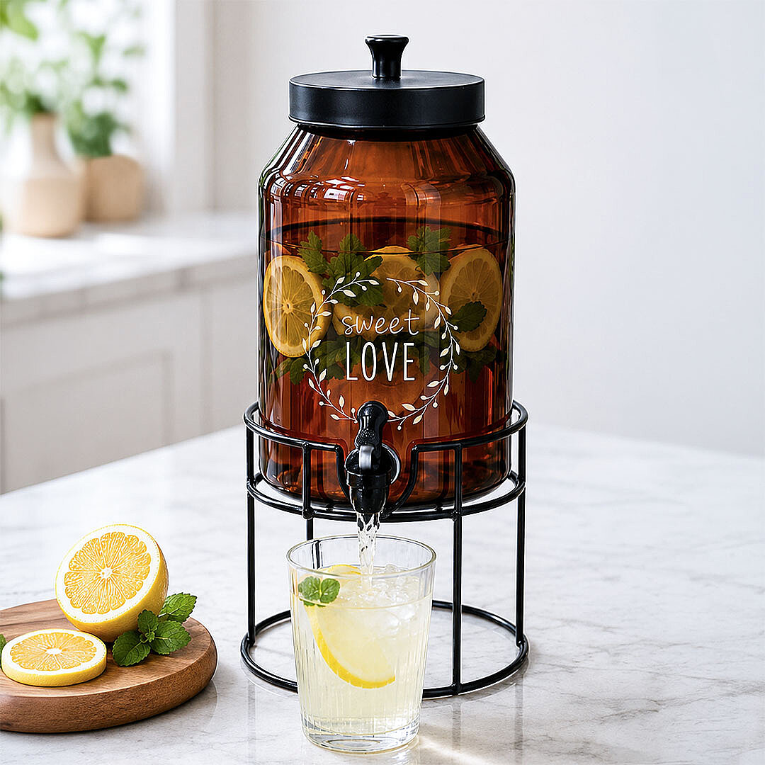Metal Stantlı Amber Cam Sebil - Musluklu Damacana Şerbetlik Ayaklı Meşrubat Sunumluk Yağdanlık 4L - 1