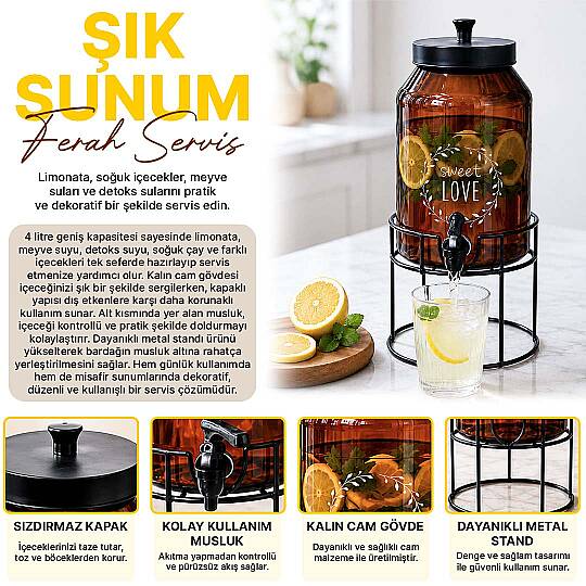 Metal Stantlı Amber Cam Sebil - Musluklu Damacana Şerbetlik Ayaklı Meşrubat Sunumluk Yağdanlık 4L - 2