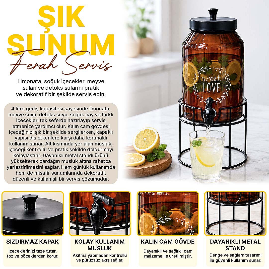 Metal Stantlı Amber Cam Sebil - Musluklu Damacana Şerbetlik Ayaklı Meşrubat Sunumluk Yağdanlık 4L - 2