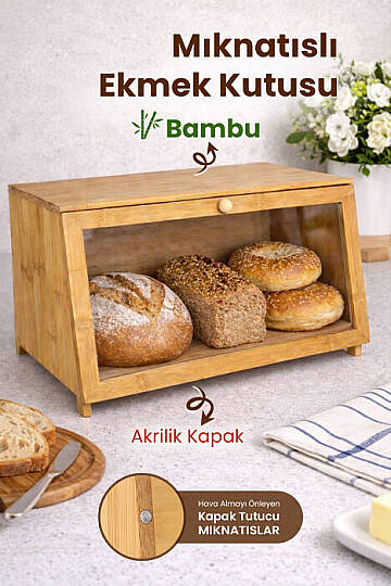 Mıknatıs Kapaklı Bambu Ekmek Kutusu - Mutfak Düzenleyici Ekmek Saklama Kutusu Tezgah Üstü Ekmeklik