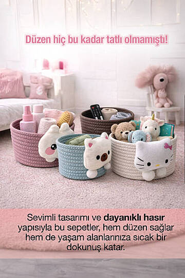 Peluşlu Hasır Sepet - Dekoratif Çekmece içi Organizer Banyo Dolap Düzenleyici Çok Amaçlı Sepe Kahve - 2