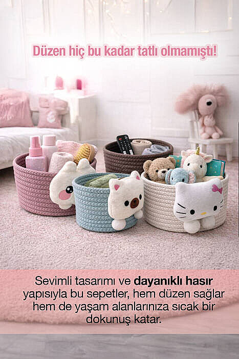 Peluşlu Hasır Sepet - Dekoratif Çekmece içi Organizer Banyo Dolap Düzenleyici Çok Amaçlı Sepe Kahve - 2