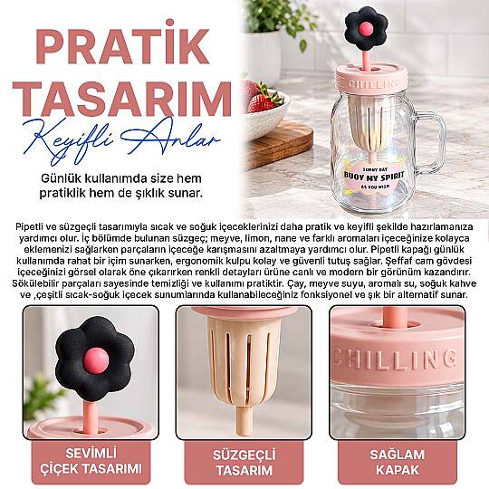 Pipetli Cam Kupa – Süzgeçli Borosilikat Detoks Bardağı Çiçekli Tasarım Kapaklı Meyveli İçecek Suluğu - 2