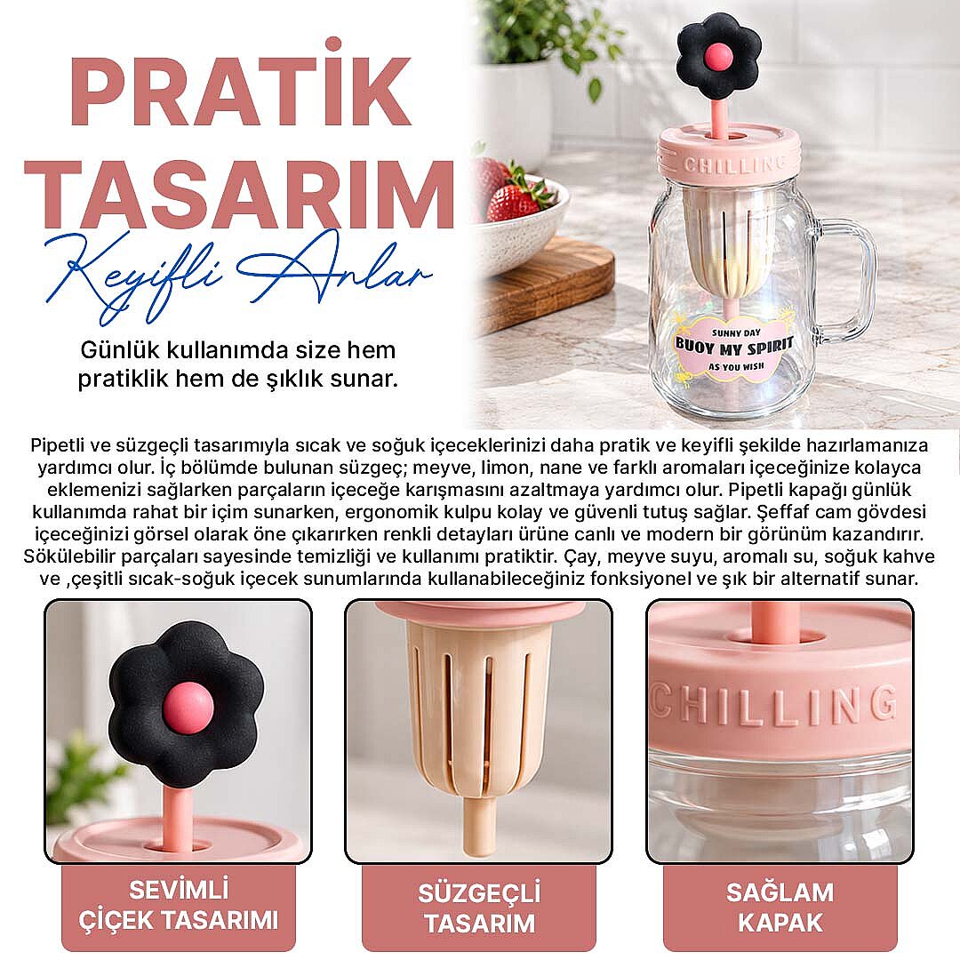 Pipetli Cam Kupa – Süzgeçli Borosilikat Detoks Bardağı Çiçekli Tasarım Kapaklı Meyveli İçecek Suluğu - 2